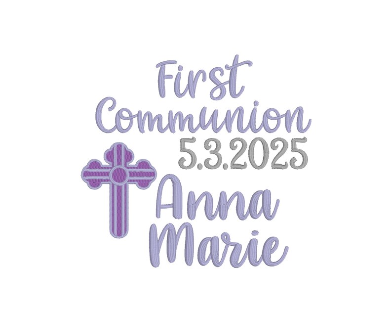 text and a purple cross, likely representing a first Communion celebration for a child named Anna Marie.