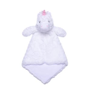 A plush white unicorn with a pink horn and tail is shown against a white background.