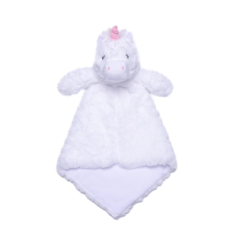 A plush white unicorn with a pink horn and tail is shown against a white background.