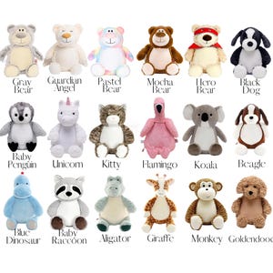 a collection of 16 stuffed animals, each with a unique design and color, arranged in a grid-like pattern.