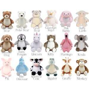a collection of 16 stuffed animals, each with a unique color and design, arranged in a grid-like pattern.