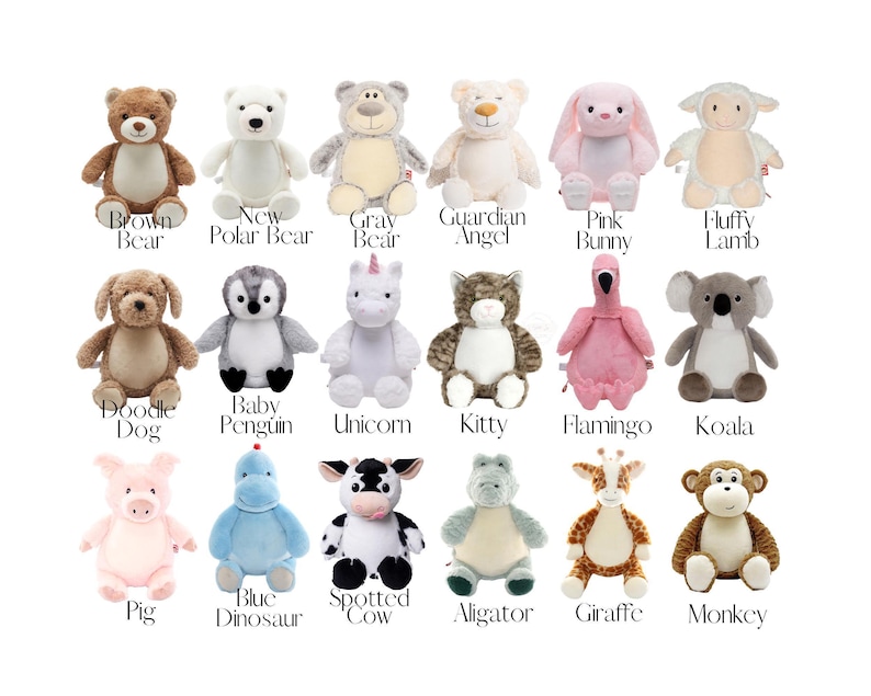 a collection of 16 stuffed animals, each with a unique color and design, arranged in a grid-like pattern.