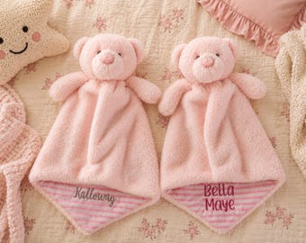 Personalized Pink Bear Baby Lovey: Embroidered Baby Girl Blanket, Baby Shower Gift