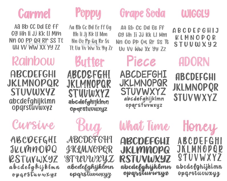 a collection of various font styles and types, including cursive, bug, what time, and wiggly. The fonts are presented in a grid format, with each font type displayed in a separate column. The fonts are arranged in a visually appealing manner, showcasing the diversity and creativity of typography.