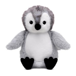 A plush toy penguin with a gray and white body and black feet is sitting on a white background.