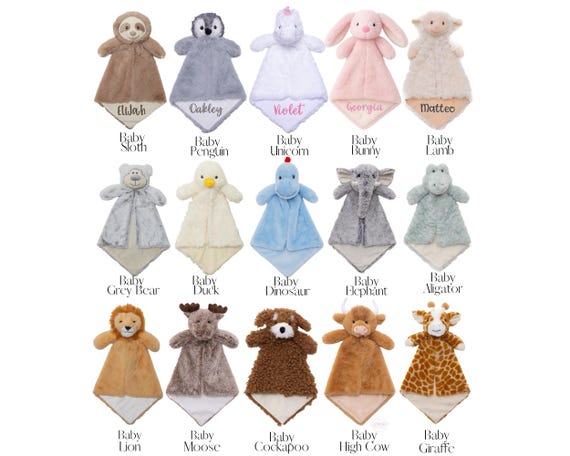 Personalized Animal Lovey, Embroidered Baby Security Blanket