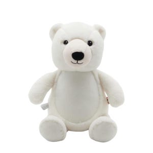A white plush teddy bear sitting on a white background.