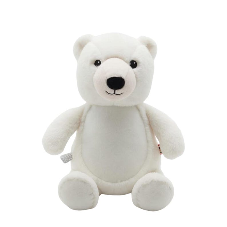 A white plush teddy bear sitting on a white background.