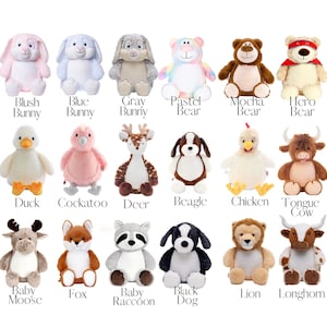 a collection of 16 stuffed animals, each with a unique design and color, arranged in a grid-like pattern.