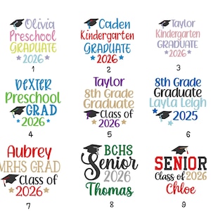 nine graduation-themed graphics, each featuring a different name and graduation year. The graphics include a graduation cap, a graduation gown, and text that reads "Graduate 2016", "Graduate 2016", and "Graduate 2016". The graphics are arranged in a 3x3 grid, with each row containing three graphics.