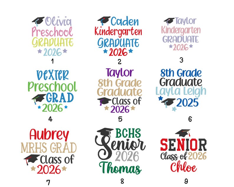 nine graduation-themed graphics, each featuring a different name and graduation year. The graphics include a graduation cap, a graduation gown, and text that reads "Graduate 2016", "Graduate 2016", and "Graduate 2016". The graphics are arranged in a 3x3 grid, with each row containing three graphics.