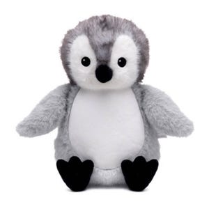 A plush toy penguin with a gray and white body and black feet is sitting on a white background.