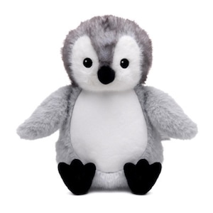 A plush toy penguin with a gray and white body and black feet is sitting on a white background.