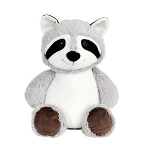 A plush toy of a raccoon with a gray and white body, brown paws, and black facial features.