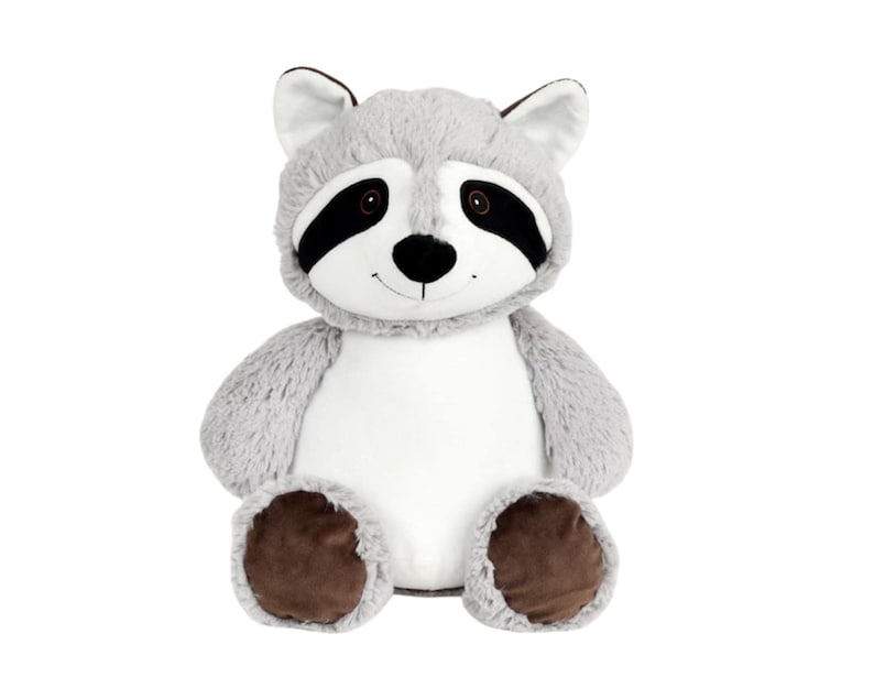 A plush toy of a raccoon with a gray and white body, brown paws, and black facial features.