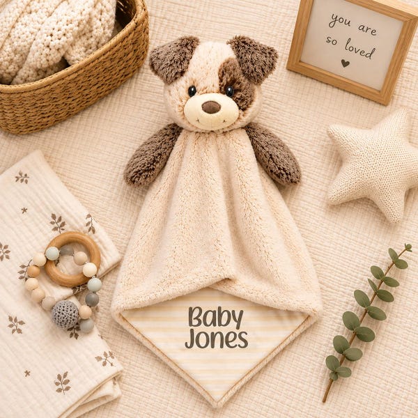 Personalized Dog Lovey Baby Blanket, Plush Comforter, Baby Shower Gift