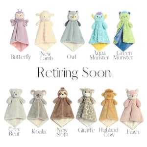 a collection of plush toys, each with a unique design and color, arranged in a grid. The toys include a butterfly, a lamb, an owl, a monster, a green monster, a gray bear, a koala, a sloth, a giraffe, a Highland cow, and a fawn. The toys are labeled with their names, and the phrase "Retiring Soon" is written above them.