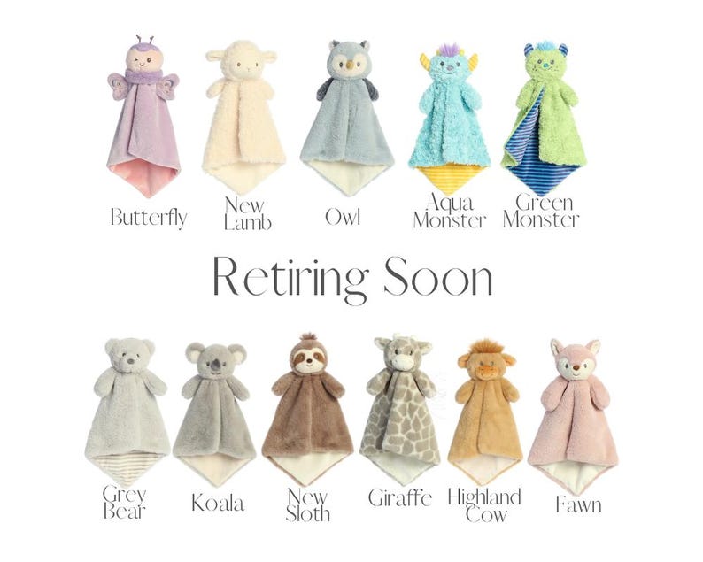a collection of plush toys, each with a unique design and color, arranged in a grid. The toys include a butterfly, a lamb, an owl, a monster, a green monster, a gray bear, a koala, a sloth, a giraffe, a Highland cow, and a fawn. The toys are labeled with their names, and the phrase "Retiring Soon" is written above them.