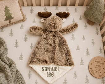 Personalized Baby Moose Lovey, Newborn Security Blanket Baby Shower Gift