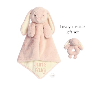 Personalized Rose Bunny Lovey Rattle Gift Set Baby Lovey, Baby Shower Gift, Security Blanket, Baby Blanket with Name