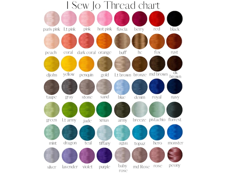 The image is a color chart that displays various thread colors, including pink, red, black, and more, arranged in a grid format.
