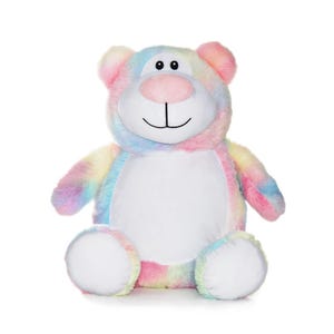 A colorful, plush teddy bear with a smiling expression sits against a white background.