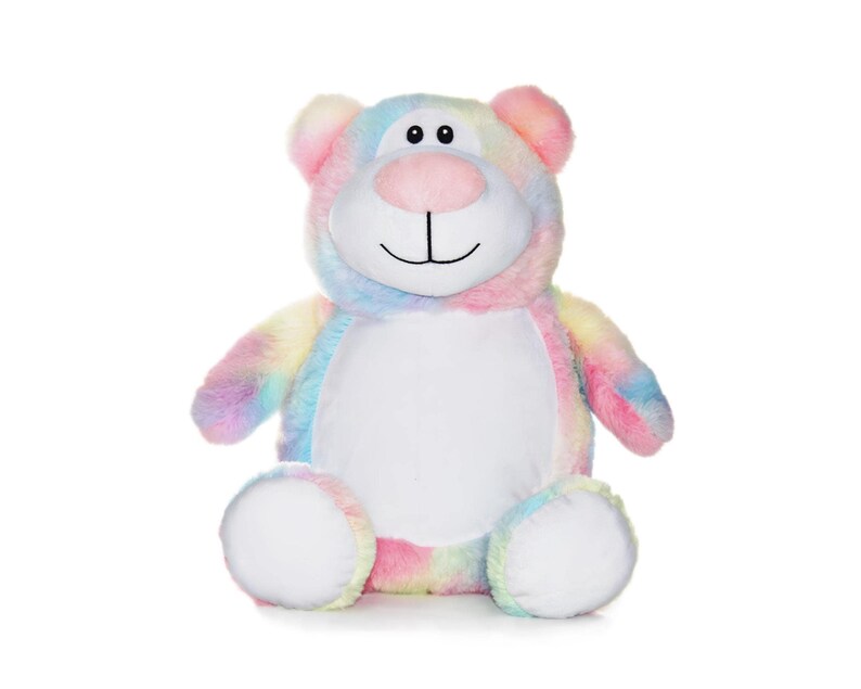A colorful, plush teddy bear with a smiling expression sits against a white background.