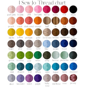 The image is a color chart that displays various thread colors, including pink, red, black, and more, arranged in a grid format.