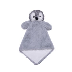 A plush penguin toy with a gray and white color scheme and a black nose.