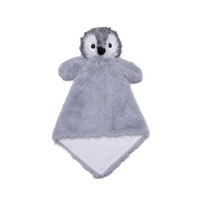 A plush penguin toy with a gray and white color scheme and a black nose.