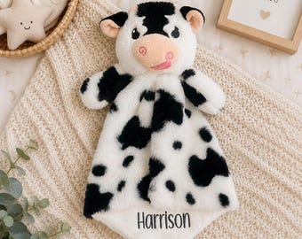 Personalized Baby Cow Lovey, Newborn Security Blanket Baby Shower Gift