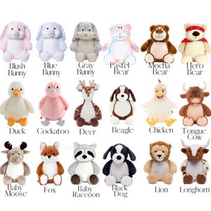 a collection of 16 stuffed animals, each with a unique design and color, arranged in a grid-like pattern.