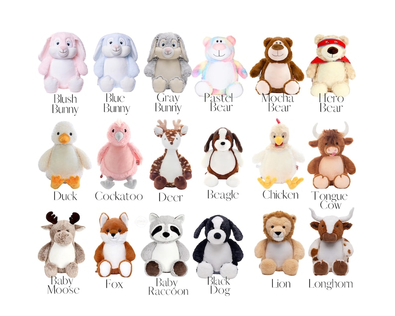 a collection of 16 stuffed animals, each with a unique design and color, arranged in a grid-like pattern.