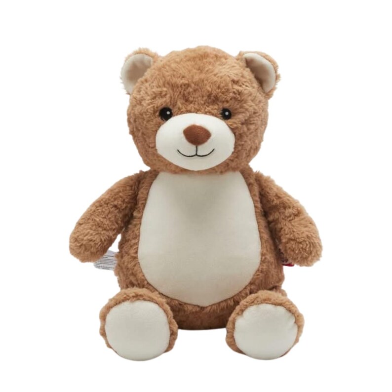A brown and white stuffed teddy bear sitting against a white background.