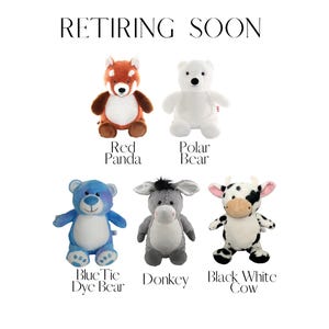 five stuffed animals, including a red panda, a polar bear, a blue tie dye bear, a donkey, and a black and white cow.