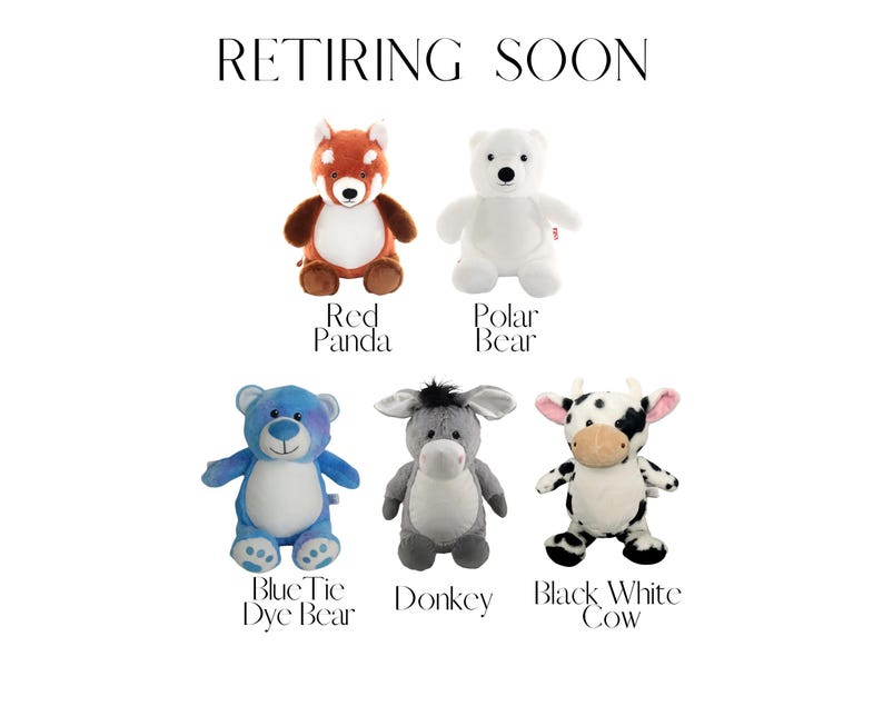 five stuffed animals, including a red panda, a polar bear, a blue tie dye bear, a donkey, and a black and white cow.