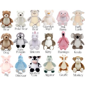 May include: A collection of eighteen plush stuffed animals arranged in three rows, including a brown bear, polar bear, gray bear, guardian angel, pink bunny, fluffy lamb, doodle dog, baby penguin, unicorn, kitty, flamingo, koala, pig, blue dinosaur, spotted cow, alligator, giraffe, and monkey.