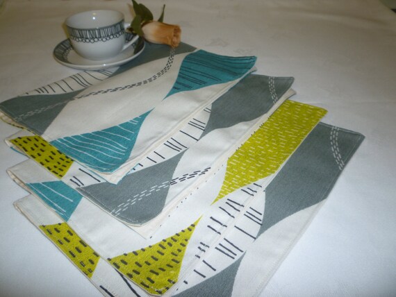 4 Washable Funky Fabric Cloth Placemats Teal Green Gray Etsy