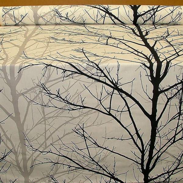 Woodland Tree Print Fabric Black Grey White Funky Upholstery Cotton Material by the Yard/ Metre