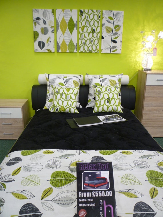 King Bed Runner Lime Green Gray Funky Retro Floral Bedding 100 Etsy