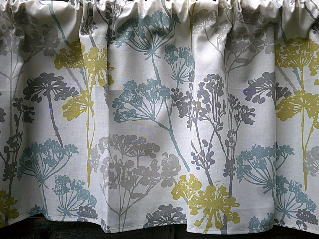 Cafe Curtain Robins/duck Egg Blue, Mustard, Grey, Taupe on a White