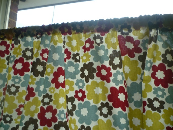 Cafe Curtain 14 18 Red Blue Green Retro Floral Etsy