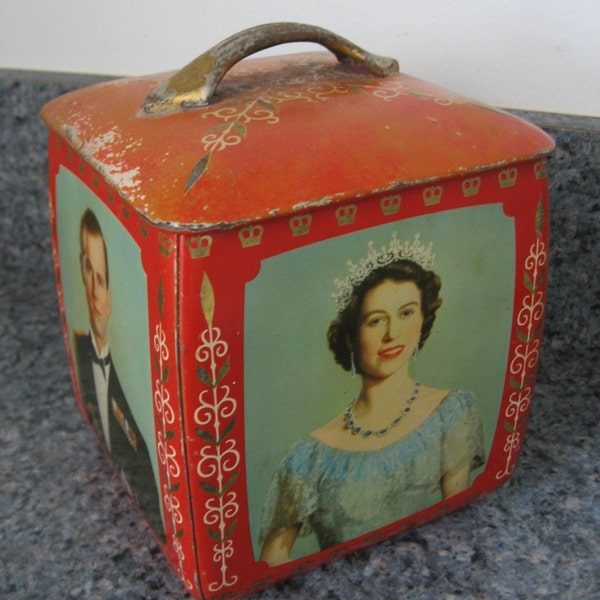 RESERVED - Vintage Queen Elizabeth Coronation Tin 1950s - Prince Philip - Different View on Each Side