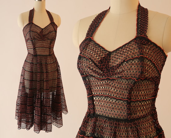 1950s Netted Halter Dress / Vintage Halloween Dres