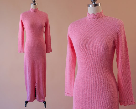 1960s Pink Knit Maxi Dress