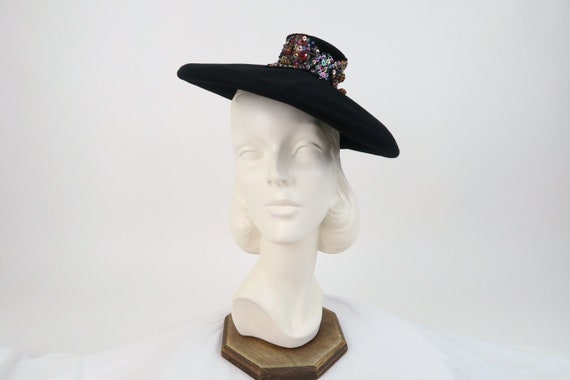 1940s Black Felt Hat / Vintage Fancy Beret