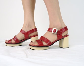 Size 6.5 / 1960s Mod Red Sandals / Vintage Leather 60s Shoes