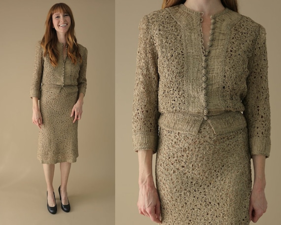 1940s Beige Ribbon Dress / Vintage Soutache Outfit