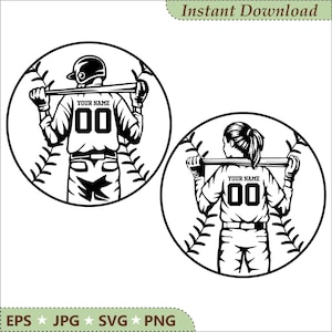 Puede incluir: Ilustración digital en blanco y negro de dos jugadores de béisbol con bates, dentro de pelotas de béisbol. Cada camiseta muestra "YOUR NAME" y el número "00". También incluye el texto "Instant Download".