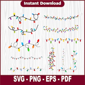 Puede incluir: Un gráfico de descarga digital con varias cadenas de luces navideñas de colores. Las luces tienen diferentes formas y disposiciones, con un cable negro. La imagen incluye el texto "Instant Download" y "SVG - PNG - EPS - PDF".
